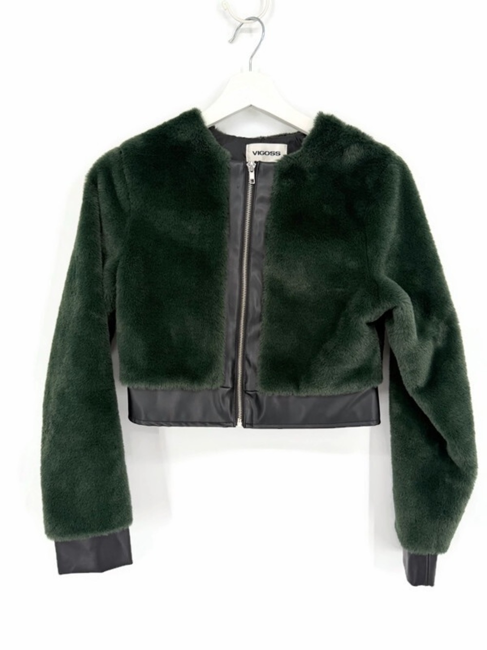 Vigoss Green Faux Fur Cropped Jacket Vegan Leather Trim Size S